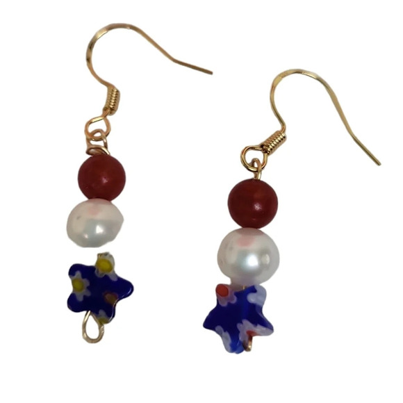 18k Gold Patriotic Lampwork Beads Glass Beads Flower Star Earrings - Picture 1 of 4